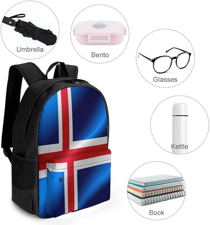 Polyester Daypack Backpack for Climbing Outdoors Running, Big Capacity Multipurpose Anti-Theft Bookbag, Flag Of Iceland Travel Hiking Camping Rucksack