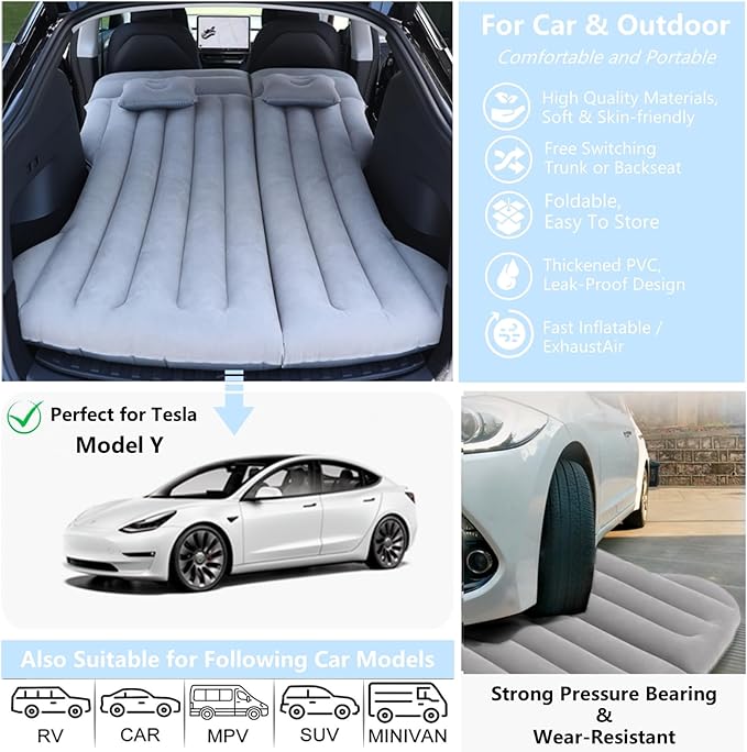 Car Air Mattress Camping Bed, Inflatable Bed Car Mattress for Model Y SUV Truck Backseat Trunk, Portable Foldable AirBed Sleeping Mat Tent Pad SUV Mattress for Car Travel Home (Grey)