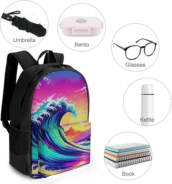 Supdreamc Polyester Daypack for Hiking Work Running, Big Capacity Anti-Theft Multipurpose Shoulder Bag, Colorful Raging Great Waves Travel and Sport Backpack Rucksack