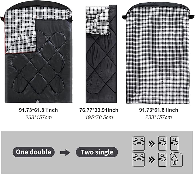 ShinHye Double Sleeping Bag for Adults with 2 Pillows, Camping Sleeping Bags Flannel Cotton 2 Person Sleeping Bags XXL Queen Size Sleeping Bag for Cold Weather
