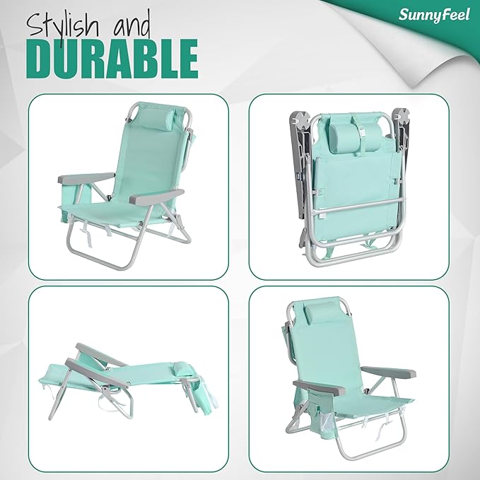 SUNNYFEEL Low Beach Chairs for Adults 5 Position Lay Flat, Portable Folding Backpack Beach Chair Heavy Duty with Cooler Bag, Cup Holder for Outdoor/Lawn/Picnic/Sand, Foldable Camping Chair
