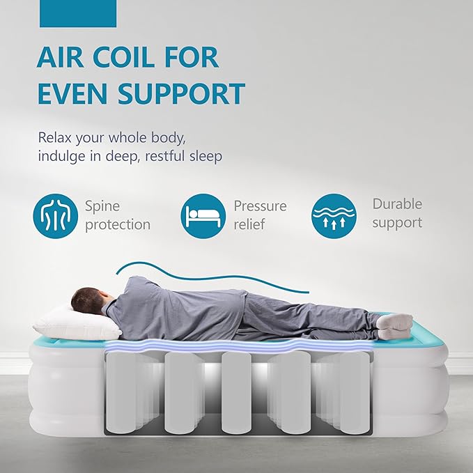 Air Mattress Queen with Built in Pump Raised, Comfort Plush Self Inflating Mattress, Inflatable Blow Up Mattress, Portable Airbed for Home, Guests, Camping(Light Blue, 18” Height)