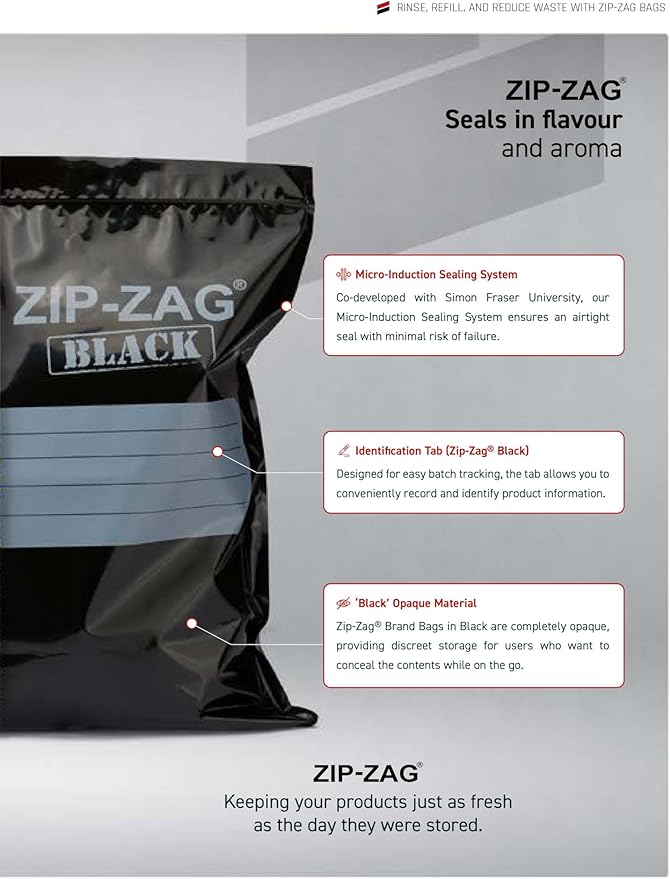 Zip Zag Bag Black (1/2 LB) 50x Large Zipper Bags (11" x 11.75") | Say Goodbye to Stale Herbs And Spices With Food Safe Zipper bags | Resealable, Reusable, Washable, Airtight Bags
