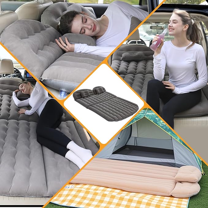 Ergocar Inflatable Mattress Soft Plant Velvet Thickened Air Mattress Car Sleeping Mattress Two Pillows Double-Layer Inflatable Valve Storage Bag Suitable for Camping, Traveling, Family