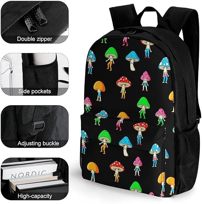 Supdreamc Men Women Polyester Funny Various Mushrooms Gnomes Art Backpack Large Capacity Bookbag With Smooth Zippers for Climbing Picnic Bicycle