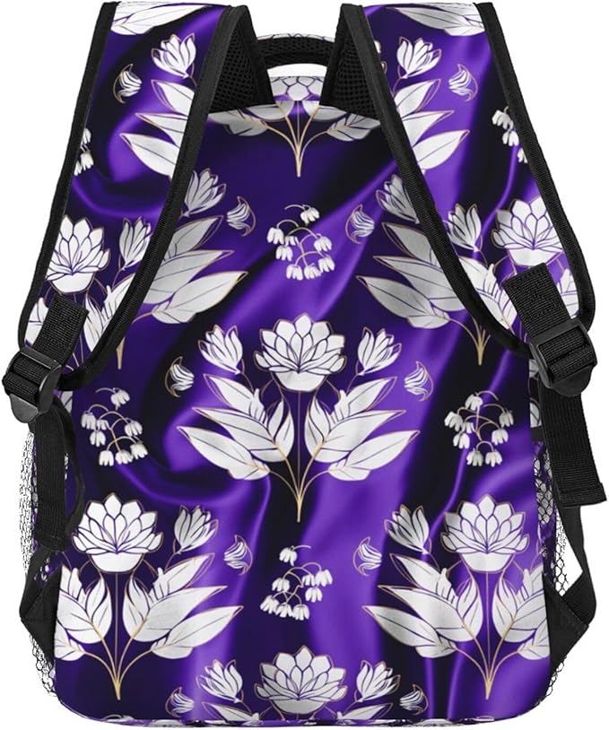 Men Women Polyester Aloha Hawaiian Purple Floral Art Daypack Bookbag Big Capacity Shoulder Bag With Padded Straps for Climbing Travel Walking Cycling