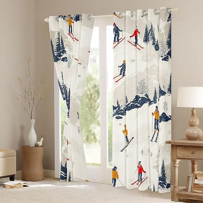 Manfei Skiing Window Drapes,Ski Winter Extreme Sport Competition Blackout Curtains,Mountain Snowboarding Pine Tree Natural Nursery Bedroom Playroom Decor,Beige White 2 Panels,52Wx63L inch