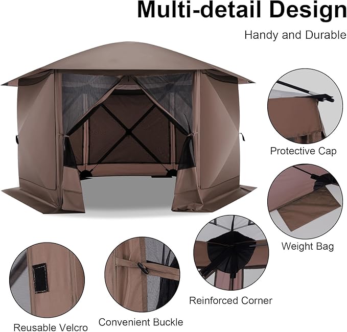 COBIZI Pop Up Gazebo Screen Tent Screen House for Camping, 12x12 Screen Room with Mosquito Netting, Hub Tent Instant Screened Canopy with Carrying Bag and Ground Stakes, Brown