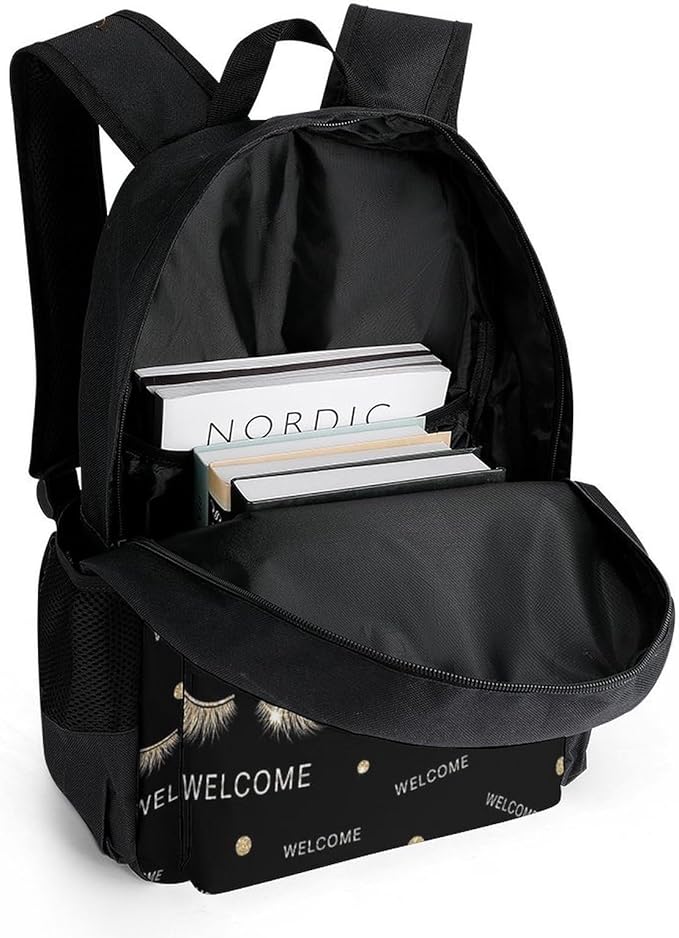 Daypack Anti-Theft Multipurpose Large Capacity Shoulder Bag, Stylish Black Rose Gold Eyelashes Welcome Travel Hiking Camping Rucksack With Smooth Zippers