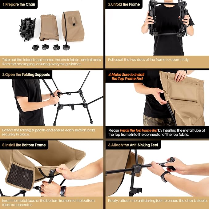 MOON LENCE High Back Folding Camping Chairs, Adjustable Height Beach Chair with Anti-Sinking Feet & Widened Seat (Khaki)