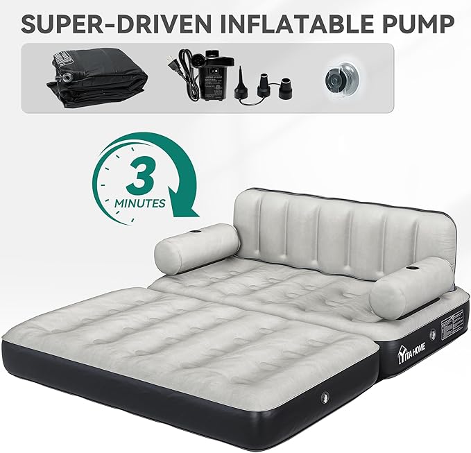 YITAHOME Queen Size Air Sofa Bed Mattress with Headboard and Pump, Blow Up Couch Inflatable Bed for Home Living Room, 79" x 60" x 25" (Expanded Size, Black)