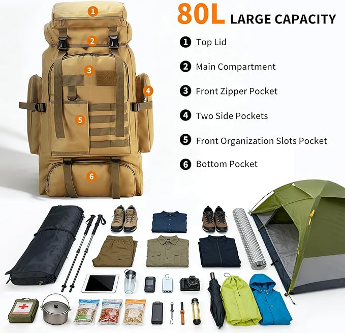 Hiking Backpack Tactical Backpack for Men Women, 80L Military Backpack Rucksack Waterproof Large Travel Camping Backpack for Men, Molle Rucksack Outdoor Sport Travel Cycling Daypack (Khaki)
