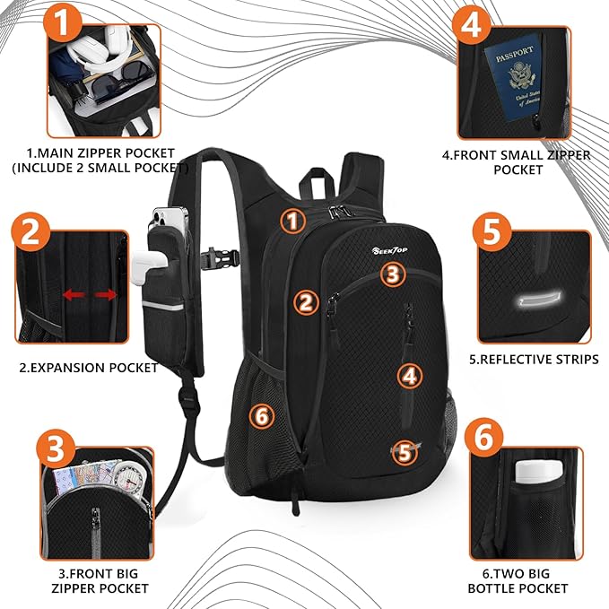 Seektop Expandable Small Hiking Backpack 12L-15L Lightweight Packable Waterproof Daypack with Phone Pocket for Women Men