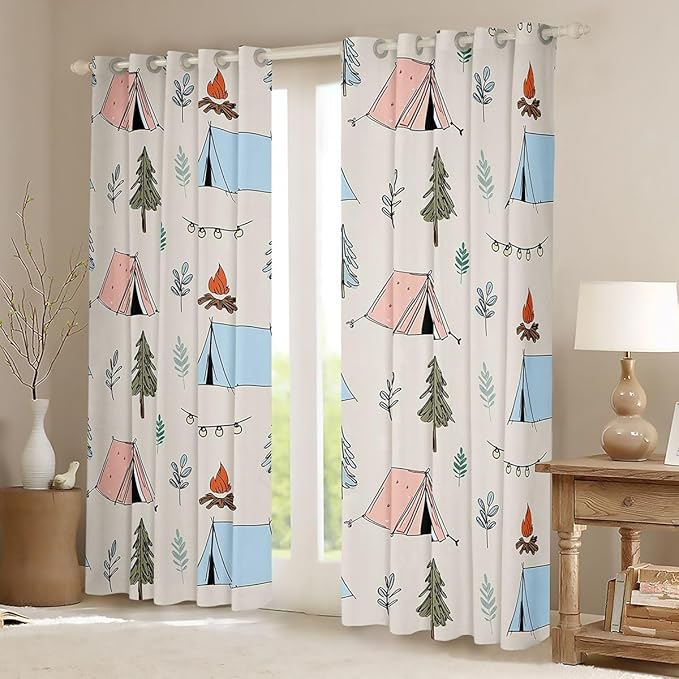 Feelyou Cute Beige Camping Camper Curtains for Bedroom Living Room Campfire Tent Blackout Shades Happy Camping Room Darkening Curtain Window Treatments, 2 Panels 52 x 90 Inch Decor