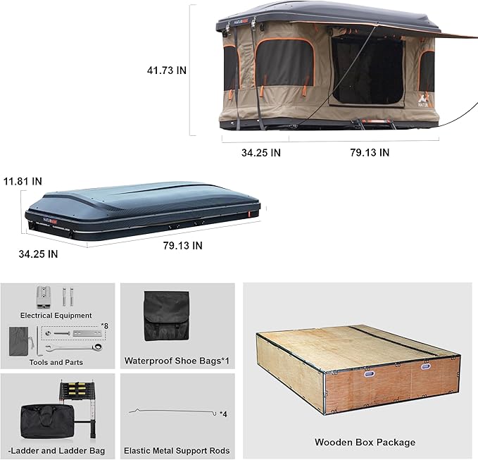 Naturnest Hard Shell Single Roof Tent, 2 Door ABS Roof Tent with 3-Color LED Lights and Built-in USB Plug for Vans, Jeeps, SUVs and Trucks