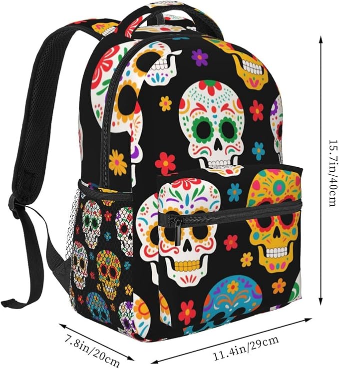 Backpack Polyester Anti-Theft Multipurpose Dead Sugar Skull Bookbag Large Capacity Laptop Book Bag Rucksack With Side Pockets