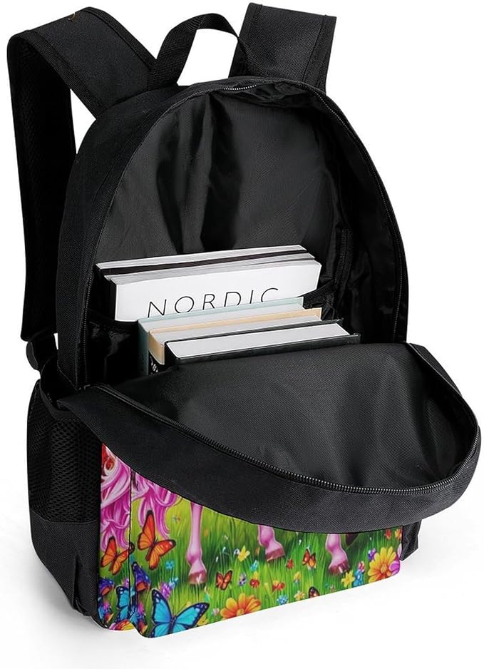 Supdreamc Men Women Polyester Rainbow Unicorns And Butterflies Backpack Large Capacity Bookbag With Smooth Zippers for Climbing Picnic Bicycle