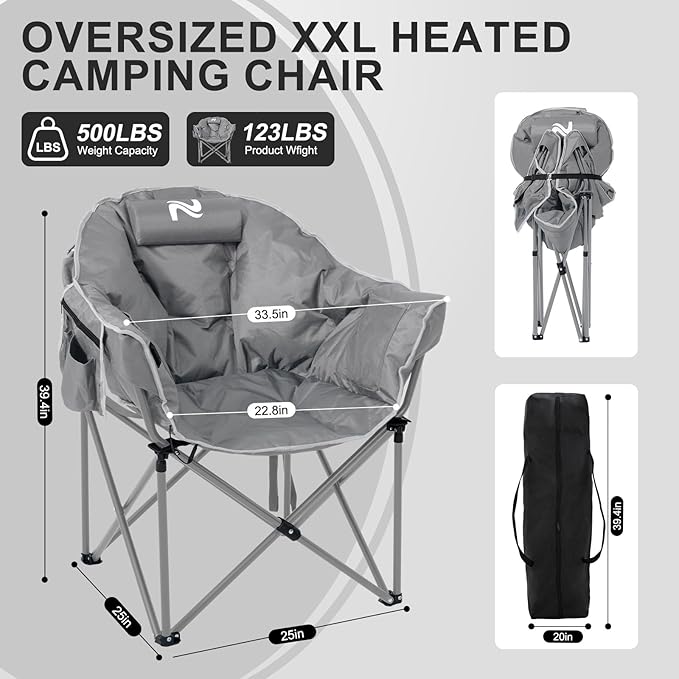 ABORON Heated Camping Chair Oversized, Three Model Portable Cushion Folding Chair, Heavy Duty Foldable Chairs Support Up to 500 lbs, Ideal for Outdoor Adventures