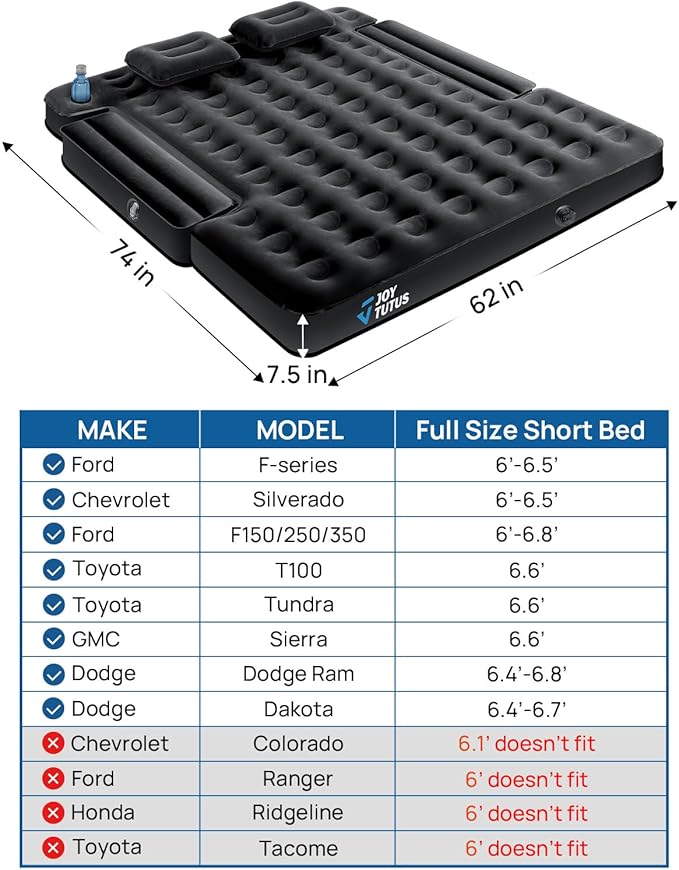 JOYTUTUS 6.4-6.7Ft Truck Bed Air Mattress with Built-in Air Pump, Inflatable Mattress Full Size Regular Beds for Outdoor Camping,with Carry Bag&Cup Holder,Black