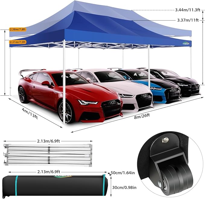 COBIZI 13x26 Pop up Canopy Tent 13x26 Canopy with 6 Sidewalls Waterproof Heavy Duty Commercial Canopy Tent for Parties Outdoor Garden Gazebo, Carry Bag with Wheel(13x26ft, Dark Blue)