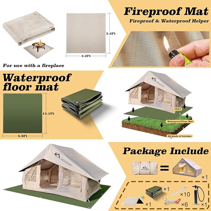 Inflatable Camping Tents 8-10 Person,129 Square Feets Large Inflatable Camping Tent with Stove Jack,Blow up Tent with Mesh Windows & Pump