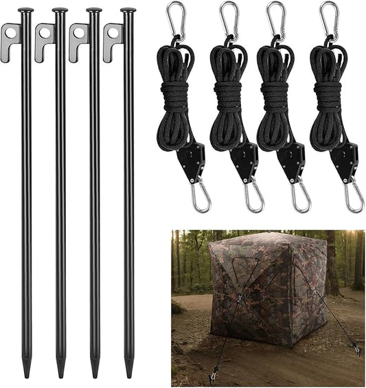 4 Pack Hunting Blind Stakes Kit Heavy Duty Metal Tent Tacks with Ratchet Tie Down Straps Ground Blind Stakes Anchor Kit for Hunt Trip Hunting Blinds Drilling Stakes for Deer Turkey Dove Bowhunter
