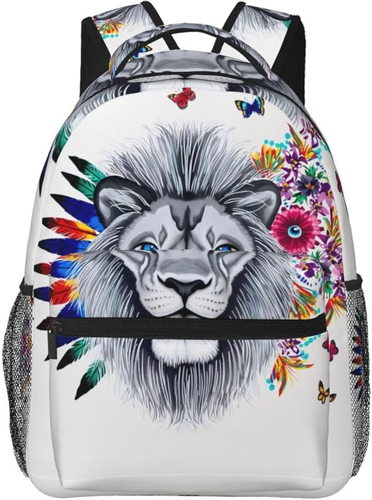 Casual Daypack Multipurpose Anti-Theft Large Capacity Carry On Bag, Lion Feather Flower Butterflies Art Casual Daypack Climbing Shoulder Bag With Padded Straps