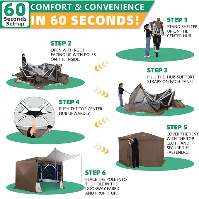 COBIZI 12x12FT Pop Up Gazebo Screen Tent Screen House for Camping, Screen Room with Mosquito Netting, Hub Tent Instant Screened Canopy with Carrying Bag and Ground Stakes, Brown(Upgraded)