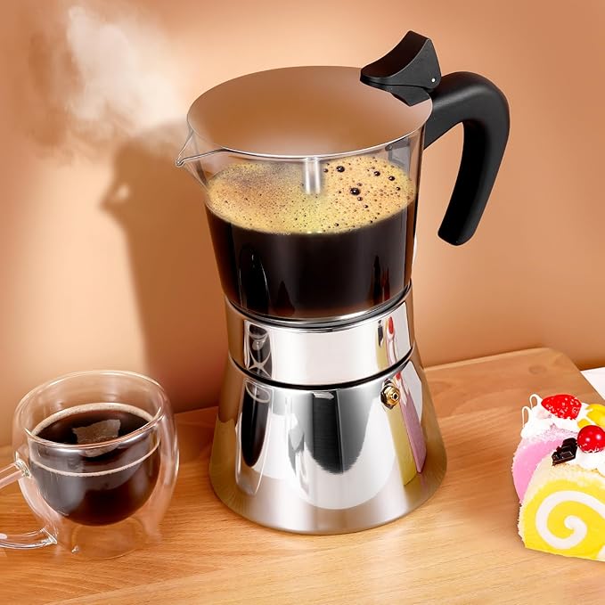 Induction Moka Pot, 9 Cups (15.9 oz) Crystal Glass-Top & Stainless Steel Moka Pot, Classic Stovetop Espresso Maker, Silver