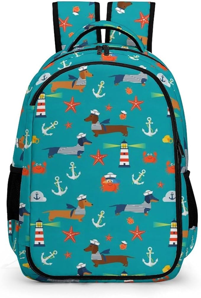 Water Resistant Laptop Backpack Dachshund Nautical Dog Pattern, Business Anti Theft Computer Bag with Water Bottle Pockets for College Men Women