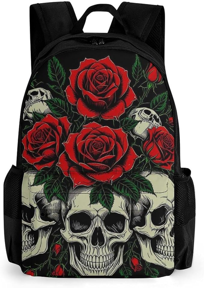 Shoulder Book Bags Polyester Multipurpose Anti-Theft Skull Red Rose Florals Art Carry On Bag Large Capacity Travel Hiking Camping Rucksack