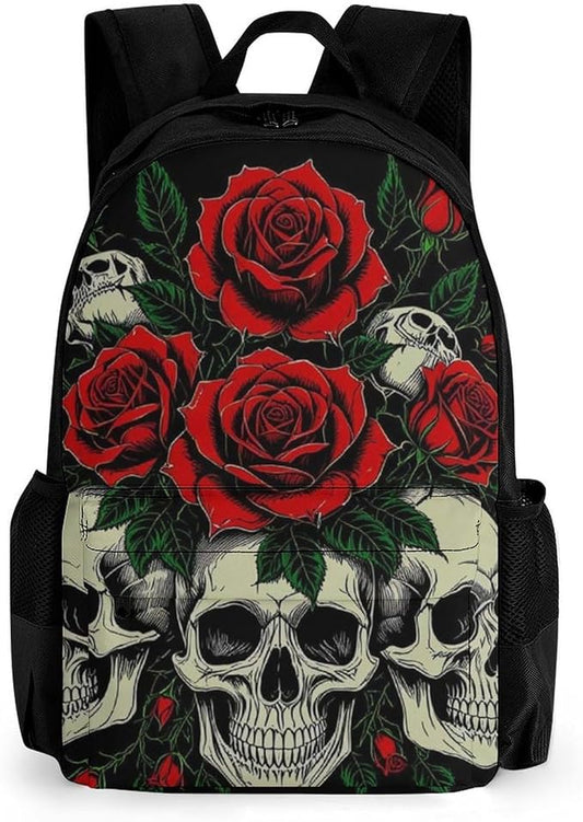 Shoulder Book Bags Polyester Multipurpose Anti-Theft Skull Red Rose Florals Art Carry On Bag Large Capacity Travel Hiking Camping Rucksack