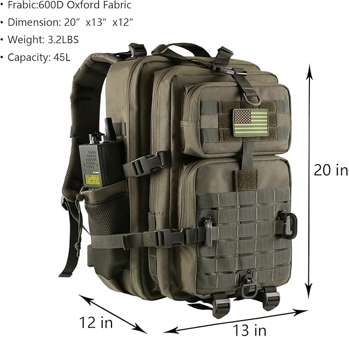45L MOLLE Assault Backpack, Tactical Backpack Military Army Camping Rucksack with Bottle Holder, 3-Day Pack Trip w/USA Flag Patch, D-Rings, Olive