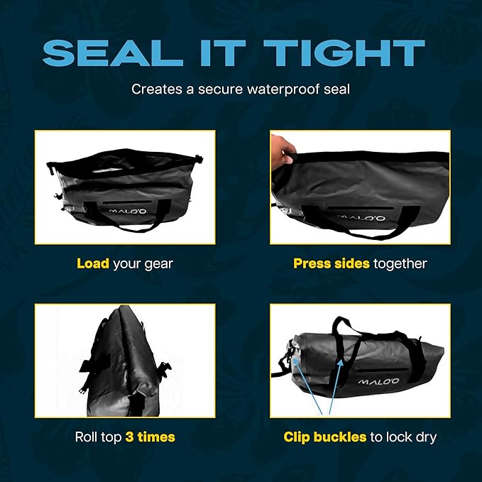 Malo’o Waterproof Dry Duffel, Heavy-Duty Roll Top Waterproof Gear Bag with Shoulder Strap & Molle Loops, Marine Duffel for Kayaking, Boating, Camping, Beach & Travel, Black, 40L