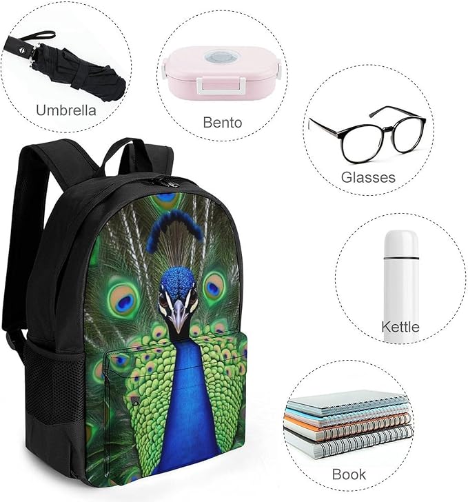 Daypack Backpack Anti-Theft Multipurpose Big Capacity Bookbag, Peacock Feather Business Computer Bag With Side Pockets