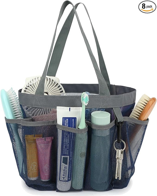 Mesh Shower Caddy Portable for College Dorm Room Essentials, 8-Pocket Large Shower Basket Tote Bag with 2 Handles for Toiletry, Bathroom, Beach, Camp, Gym