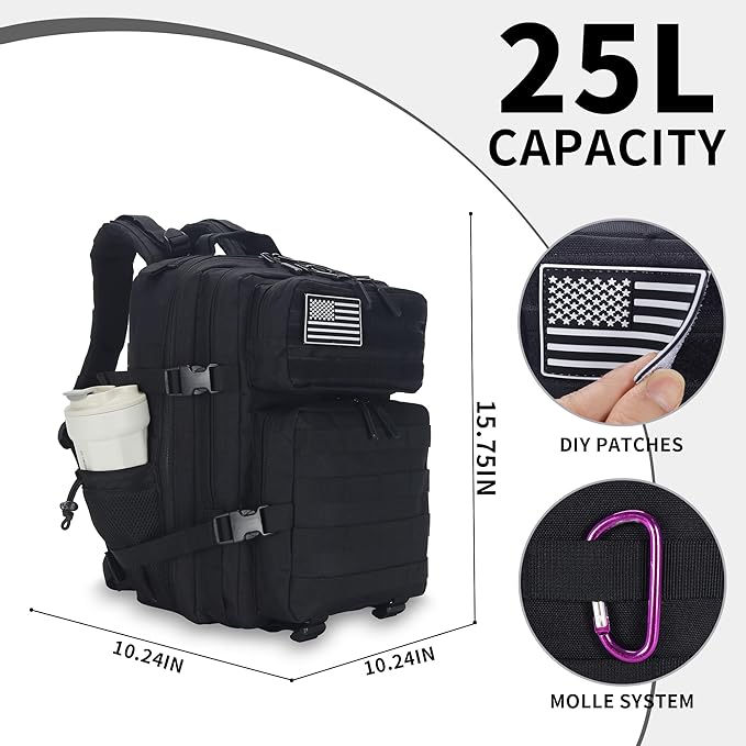 25L/45L Tactical Backpack Military Tactical Backpack Heavy Duty Molle Assault Pack for Work Gym Outdoors (1.0 25L-black, Small)