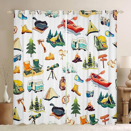 Erosebridal Kids Camping Blackout Curtains for Bedroom Living Room Happy Camper Trailer Window Curtains 2 Panels 38" Wx54 L Camping Gear Drapes,Woodland Adventure Lodge Cabin Window Treatments