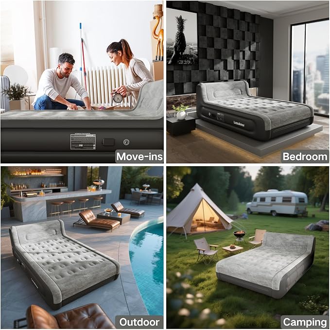 Queen Air Mattress with Headboard – Built-in Rechargeable Pump,18 Inch Inflatable Mattress，Plush Dutch Velvet – Portable Inflatable Bed for Camping, Guests & Home(Grey)