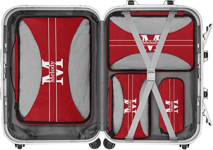 4pc Personalized Name Packing Cubes for Travel - Luggage Packing Organizers - Travel Packing Cubes for Suitcases, Solid Red Color with Initial Letter