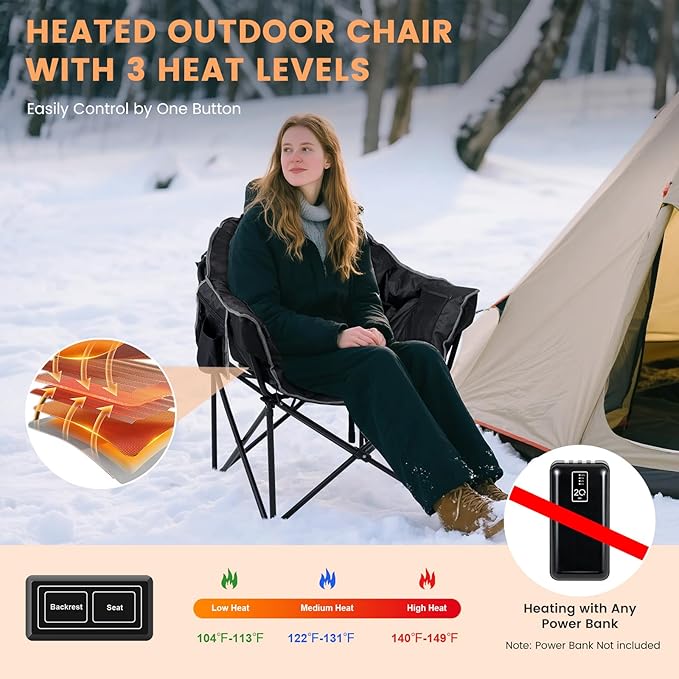 Oversized Heated Camping Chair, Heated Chairs Outdoor Sports with 3 Heat Levels, Portable Folding Heated Outdoor Chair for Lawn Patio Lounge, Battery NOT Included