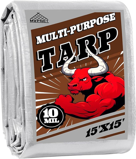 Tarp 15x15 ft Heavy Duty 10mil Silver/Brown 100% Waterproof High Durability Multipurpose Outdoor Tarpaulin,Uv Resistant,for Courtyards,Camping, Canopy, Trailer, Boats, Camping, Etc -by MVPNET