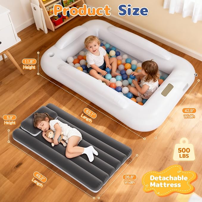 Inflatable Toddler Travel Bed - Toddler Blow Up Bed with Built in Pump - Kids Air Mattress Set with Safety Sides - Portable Ideal for Vacation Camping and Sleepover (60 Inches)