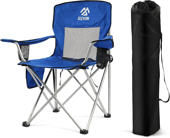 Elevon Folding Camping Chairs, Portable Outdoor Beach Chair for Adults with Carry Bag & Cup Holder, Foldable Lawn Chair with Mesh Backrest for Camp Fishing Hiking Travel Picnic Sports,