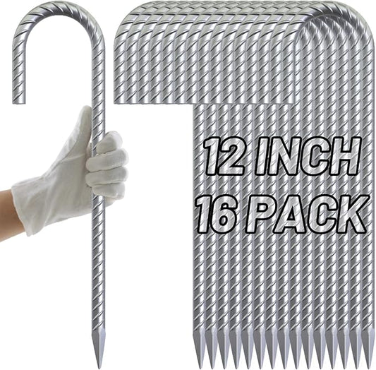 AAGUT 12 Inch Rebar Stakes J Hook 16 Pcs 3/8" Chain Link Fence Stakes Heavy Duty Galvanized Steel Tent Stakes Ground Anchors for Hard Firm Soil, Silver