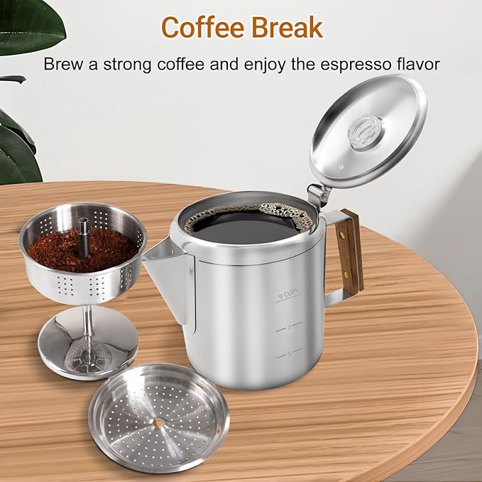 No Coating 9 Cup Percolator Coffee Pot 304 Stainless Steel Moka Pot Stovetop Espresso Maker Italian Greca Cuban Machine 1500ml 50.7oz Suitable for Gas Induction Stovetop Camping Kettle
