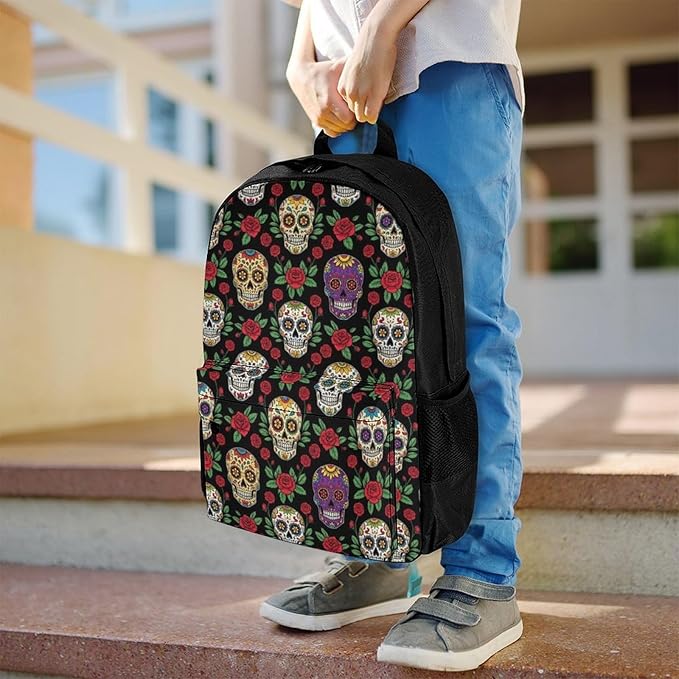 Supdreamc Men Women Polyester Mexican Day Dead Rose Sugar Skulls Backpack Large Capacity Bookbag With Smooth Zippers for Climbing Picnic Bicycle
