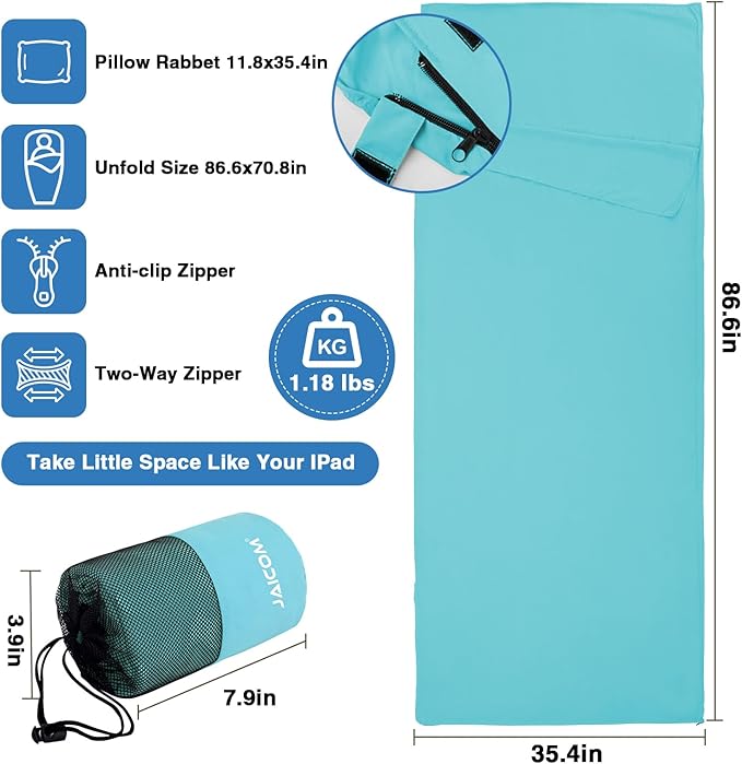 Sleeping Bag Liner, Sleep Sack Travel Sheets, Two-Way-Zipper Expose Feet Separately, Lightweight for Single, Backpacking,Hotels & Hostels, Camping, Travel, Business