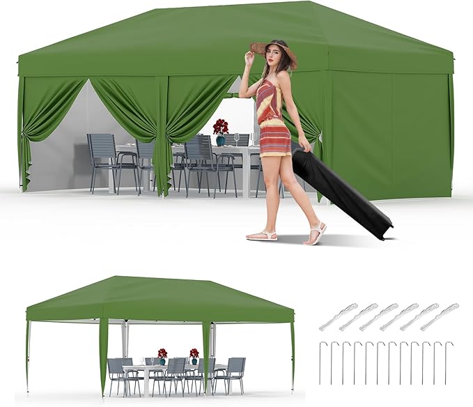 10x20 Pop Up Canopy Tent Outdoor Canopy with 6 Removable Sidewalls One-Person Set Up Heavy Duty Commercial Instant Tent Shelter-Green