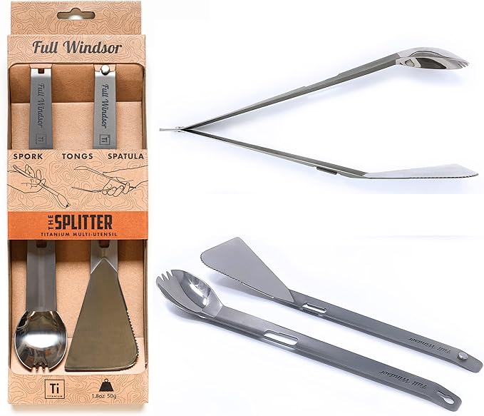 FULL WINDSOR - The Splitter Titanium Multi-Utensil Set – Compact, Lightweight Silver Spork, Tongs, Spatula & Ladle – Durable Cooking Kit for Camping, BBQ, Backpacking, Travel & Outdoor Adventures